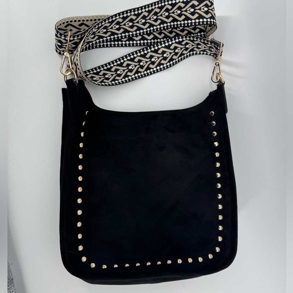 Ahdorned Black Suede Studded Saddle/Shoulder Bag With Guitar Adjustable Strap